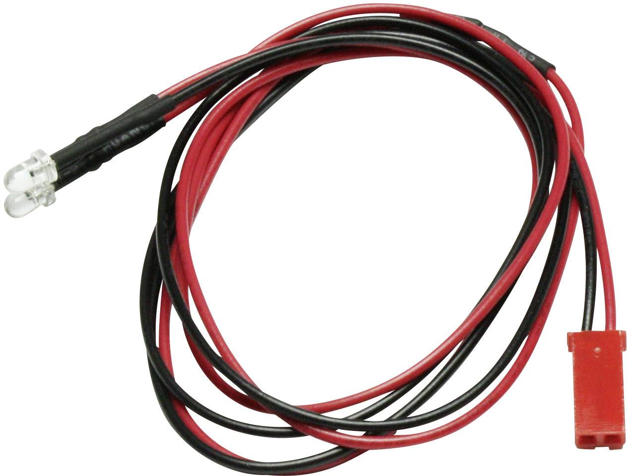 Dvě propojené LED svítidla s červenými a černými vodiči, zakončené červeným konektorem vhodným pro elektrické připojení.