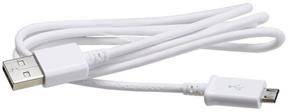 Bílý USB kabel se standardním USB konektorem na jedné straně a micro-USB konektorem na straně druhé.
