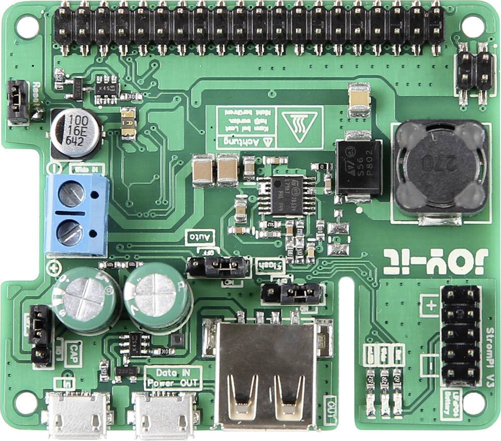 Zelená deska plošných spojů s několika elektronickými komponenty, včetně kondenzátorů, konektorů a USB portu, určená pro technické aplikace.