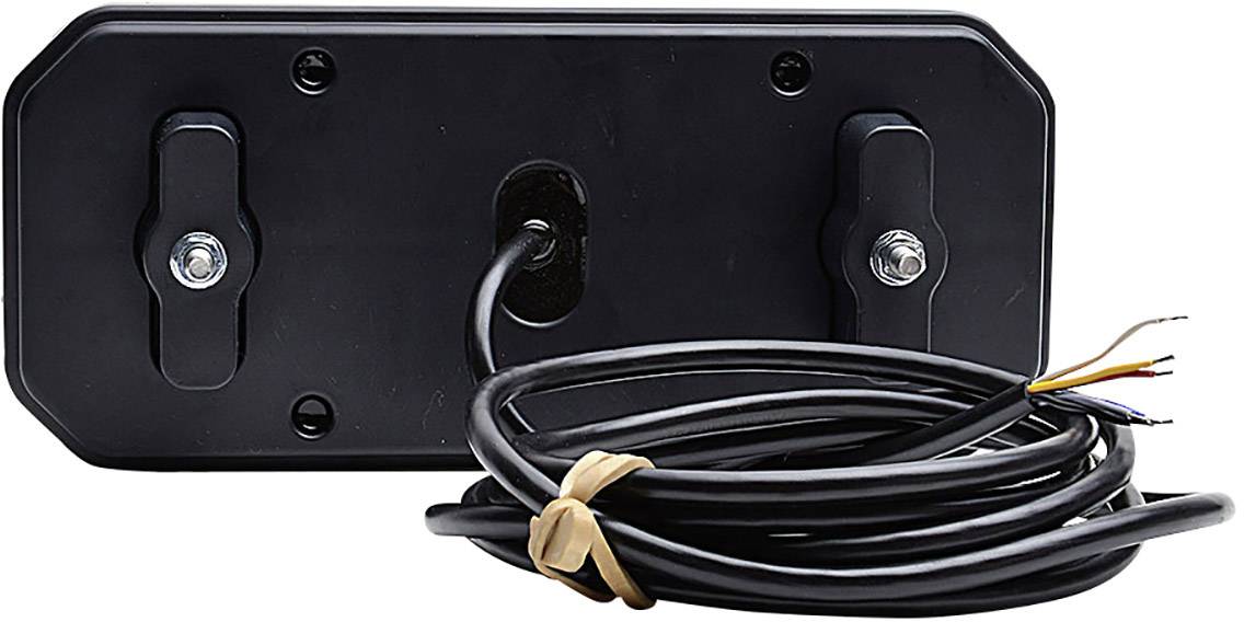 Zadní strana černého elektronického zařízení s připevněným kabelem, který má odhalené kabelové konce. Zařízení a kabel jsou bez kontextu.