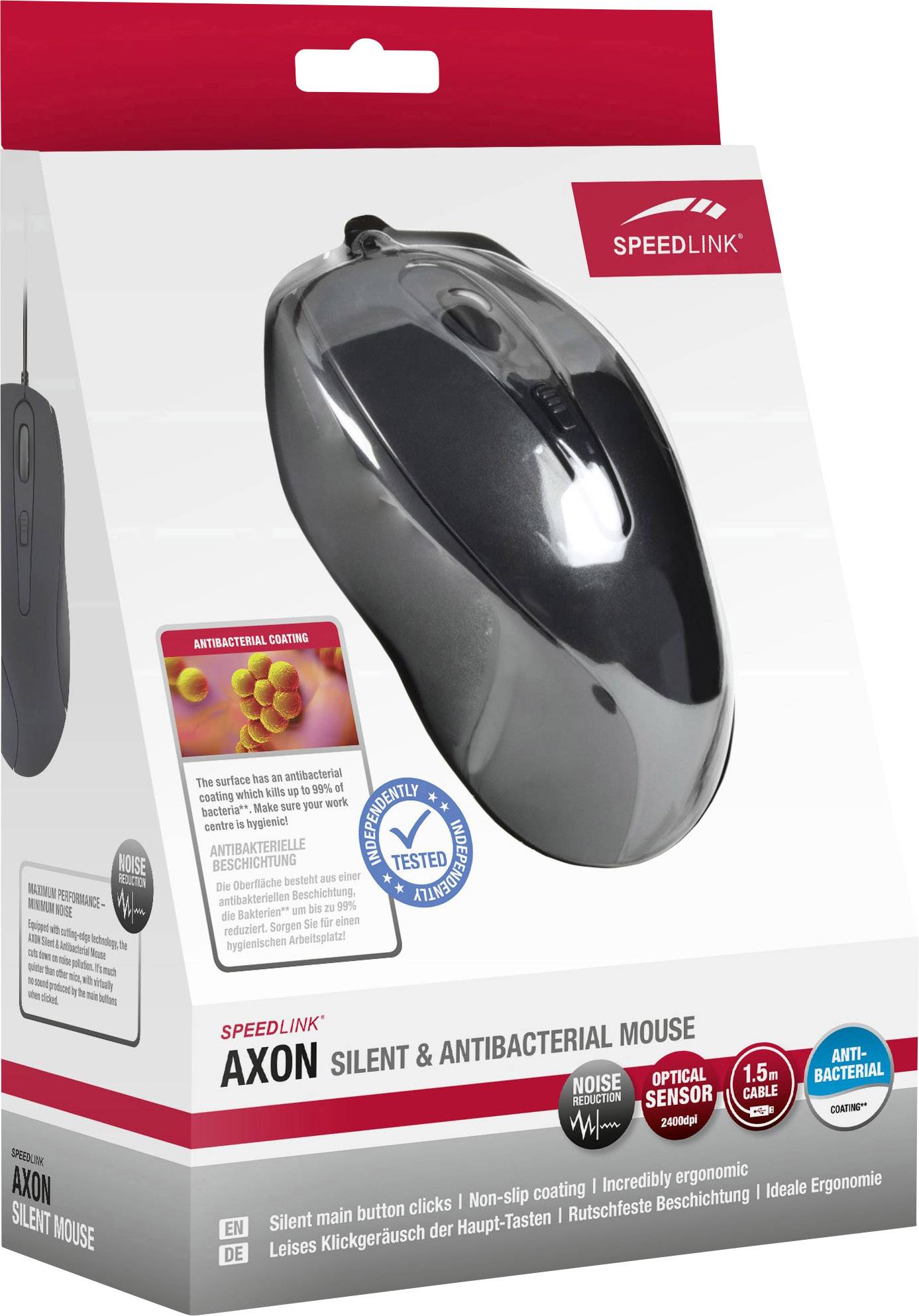 Bezdrátová myš Axon Silent & Antibacterial od Speedlinku v šedém balení. Optický senzor, 1,5 m kabel, antimikrobiální povrchová úprava.