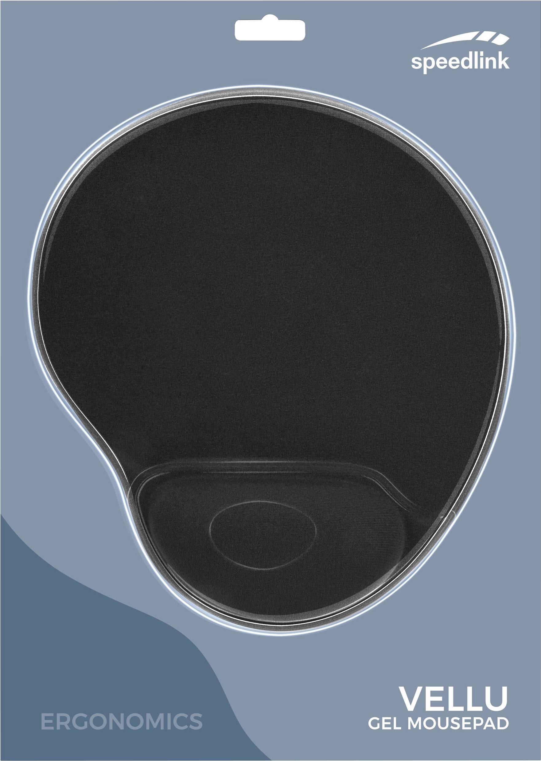 Černá gelová podložka pod myš od Vellu, navržená pro ergonomickou práci u počítače. Obal zobrazuje firemní logo a popis produktu.