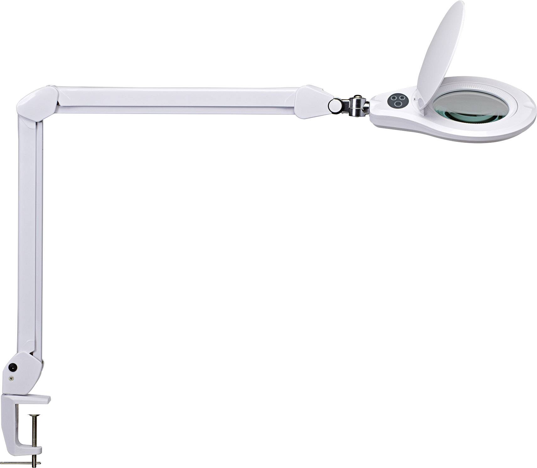 Stolní kancelářská lampa s nastavitelným ramenem a lupou, ideální pro přesné práce nebo čtení jemných detailů.