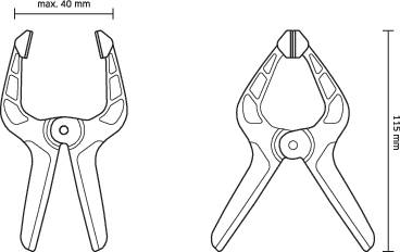 Kresba dvou svěrek: vlevo čelní pohled, vpravo boční pohled. Rozměry: šířka 40 mm, výška 115 mm. Technický design s detaily.