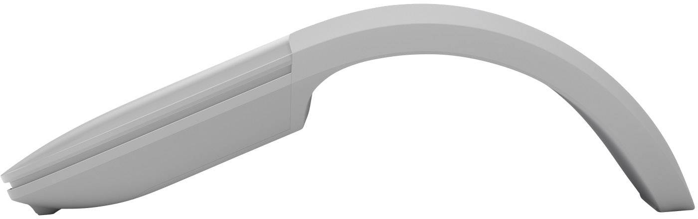 Šedá, zakřivená počítačová myš pohledem z boku, vyznačující se minimalistickým, elegantním designem.