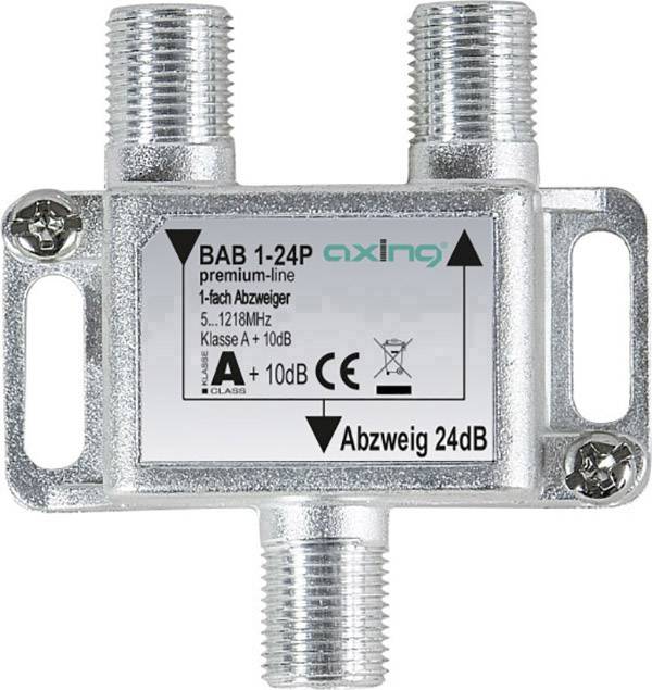 Koaxiální kabelový rozbočovač s označením 'BAB 1-24P', podporuje frekvenční rozsah 5-1218 MHz, třída A, s útlumem odbočky 24 dB.