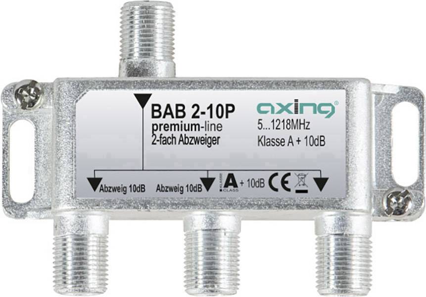 Kovový dvoucestný kabelový rozbočovač značky Axing s označením 'BAB 2-10P', vhodný pro frekvence od 5 do 1218 MHz.
