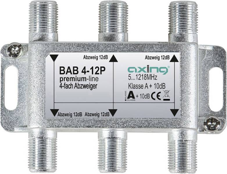"BAB 4-12P Premium-Line" 4-cestný rozbočovač pro 5-1218MHz, třída A, 10dB. Čtyři přípojky, každá s odbočením 12dB označena.