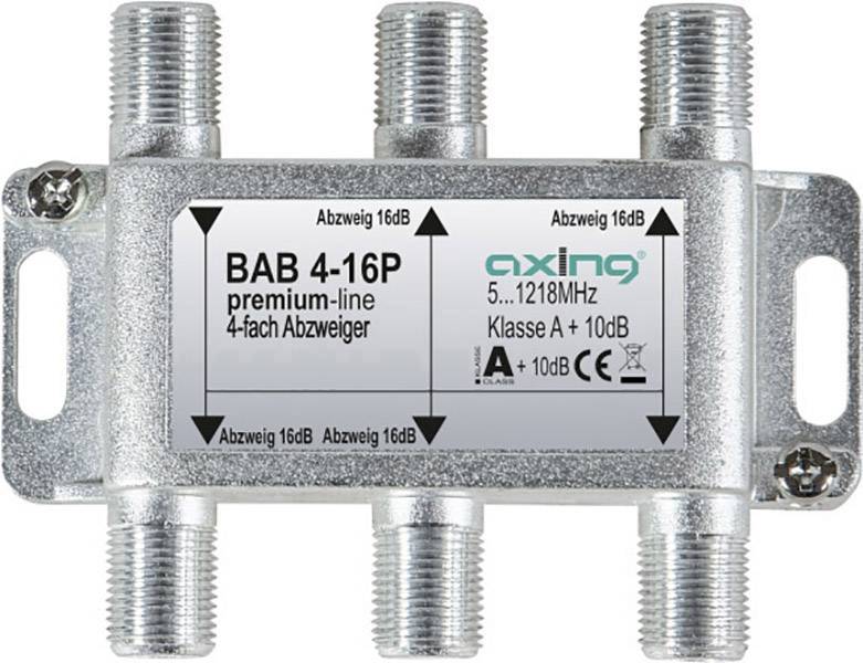 '4násobný rozbočovač', značka axing, model BAB 4-16P. Frekvenční rozsah 5...1218MHz. Boční údaj o útlumu 16dB.