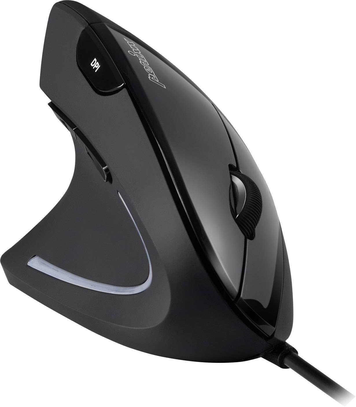 Ergonomická černá počítačová myš s vertikálním designem, kabelovým připojením a přepínačem DPI na horní straně.