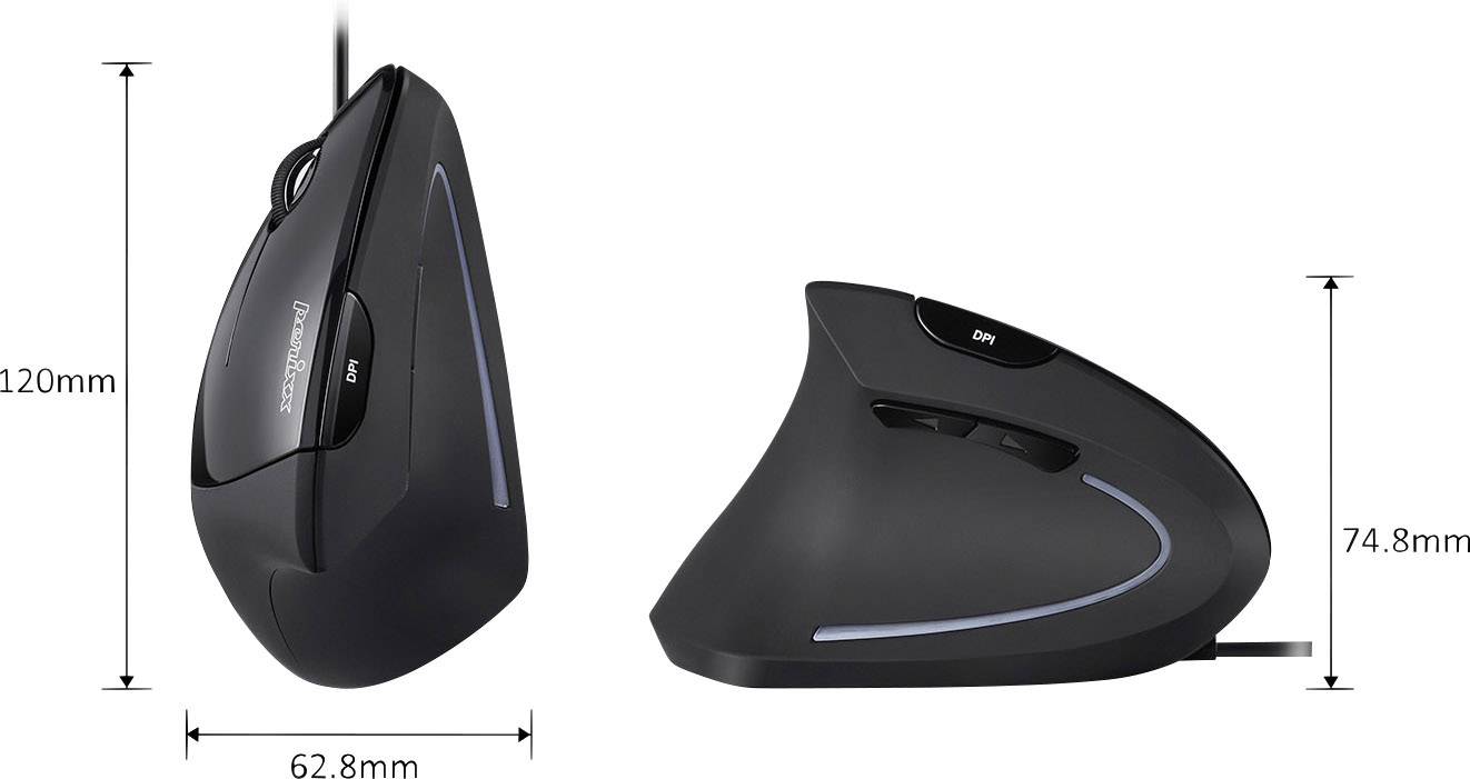 Obrázek zobrazuje vertikální ergonomickou myš z černého plastu o rozměrech: výška 120 mm, šířka 62,8 mm, hloubka 74,8 mm.