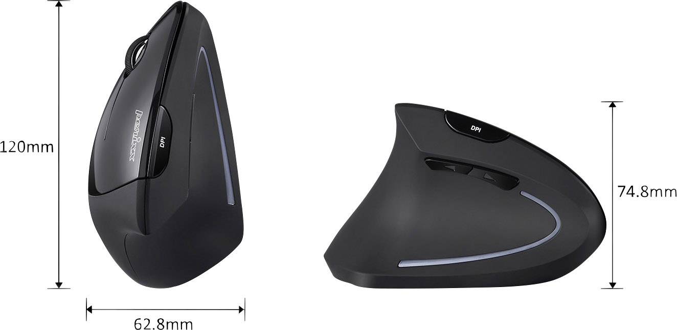 Vertikální ergonomická myš, černá, s rozměry: 120 mm výška, 62,8 mm šířka, 74,8 mm hloubka. Tlačítka nahoře, vhodná pro pohodlné ovládání.