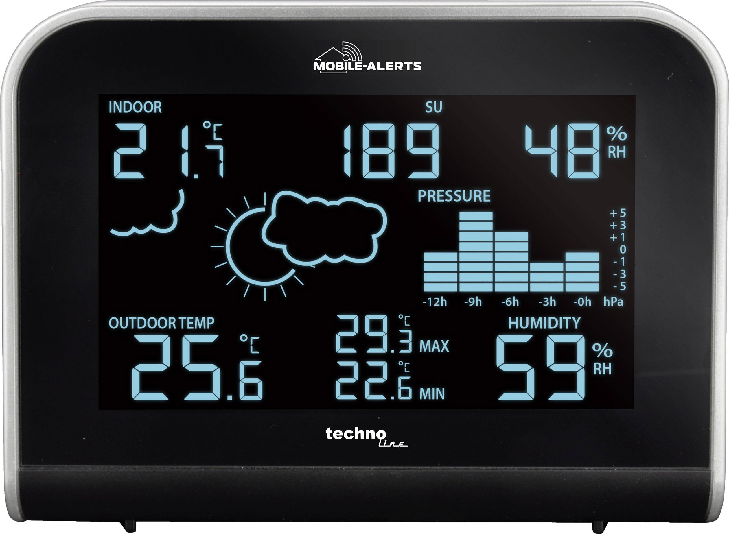Digitální teploměr a vlhkoměr ukazuje '21,7°C' uvnitř, '25,6°C' venku, '48% RV' uvnitř, '59% RV' venku, diagram tlaku vzduchu a předpověď počasí s mraky.