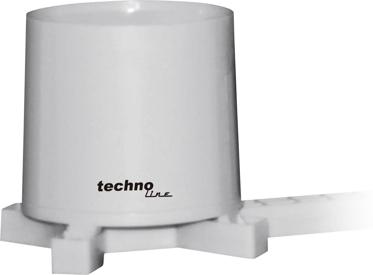 Dešťoměr od Techno Line v bílém pouzdře, umístěný na stupňovitém podstavci.