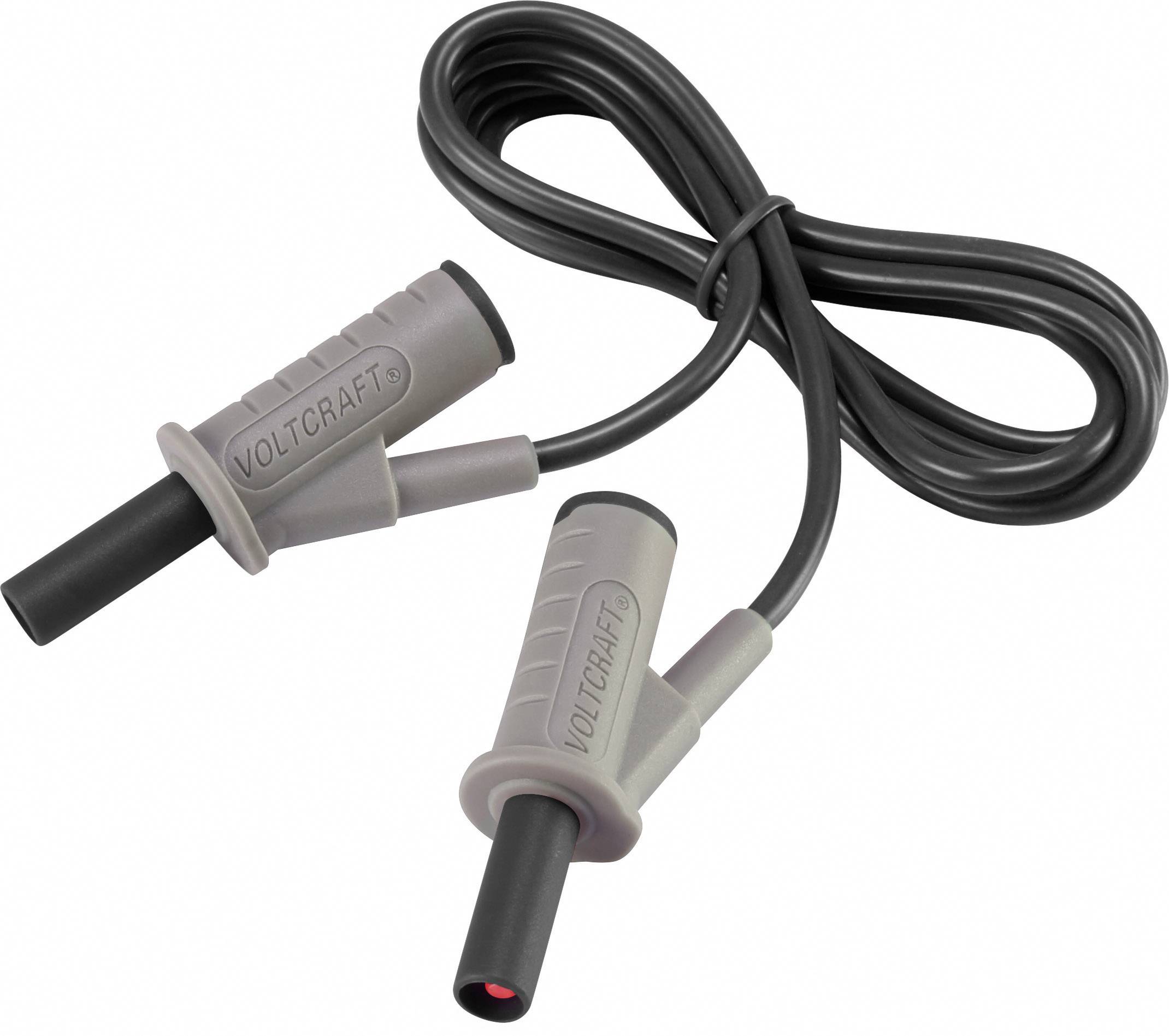 Dva černé měřicí vodiče s šedými rukojeti, propojené kabelem. Určeno pro elektrické měřicí přístroje.