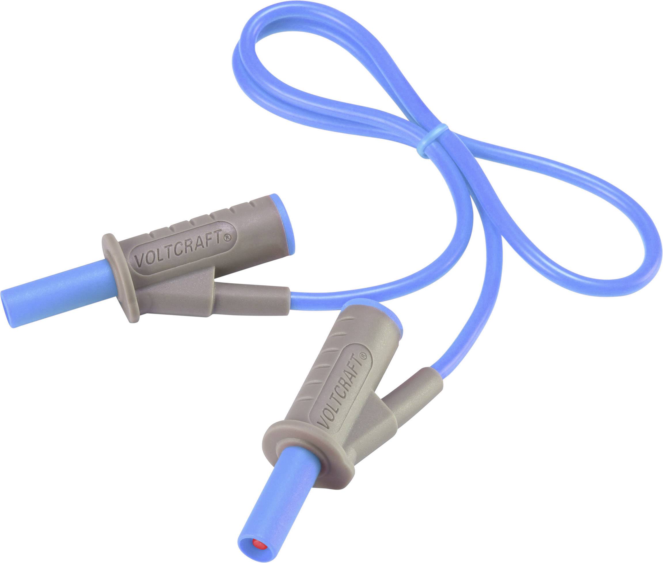 Modrý prodlužovací kabel s dvěma zásuvkami, označený štítkem 'Voltcraft', určený pro elektronické aplikace.