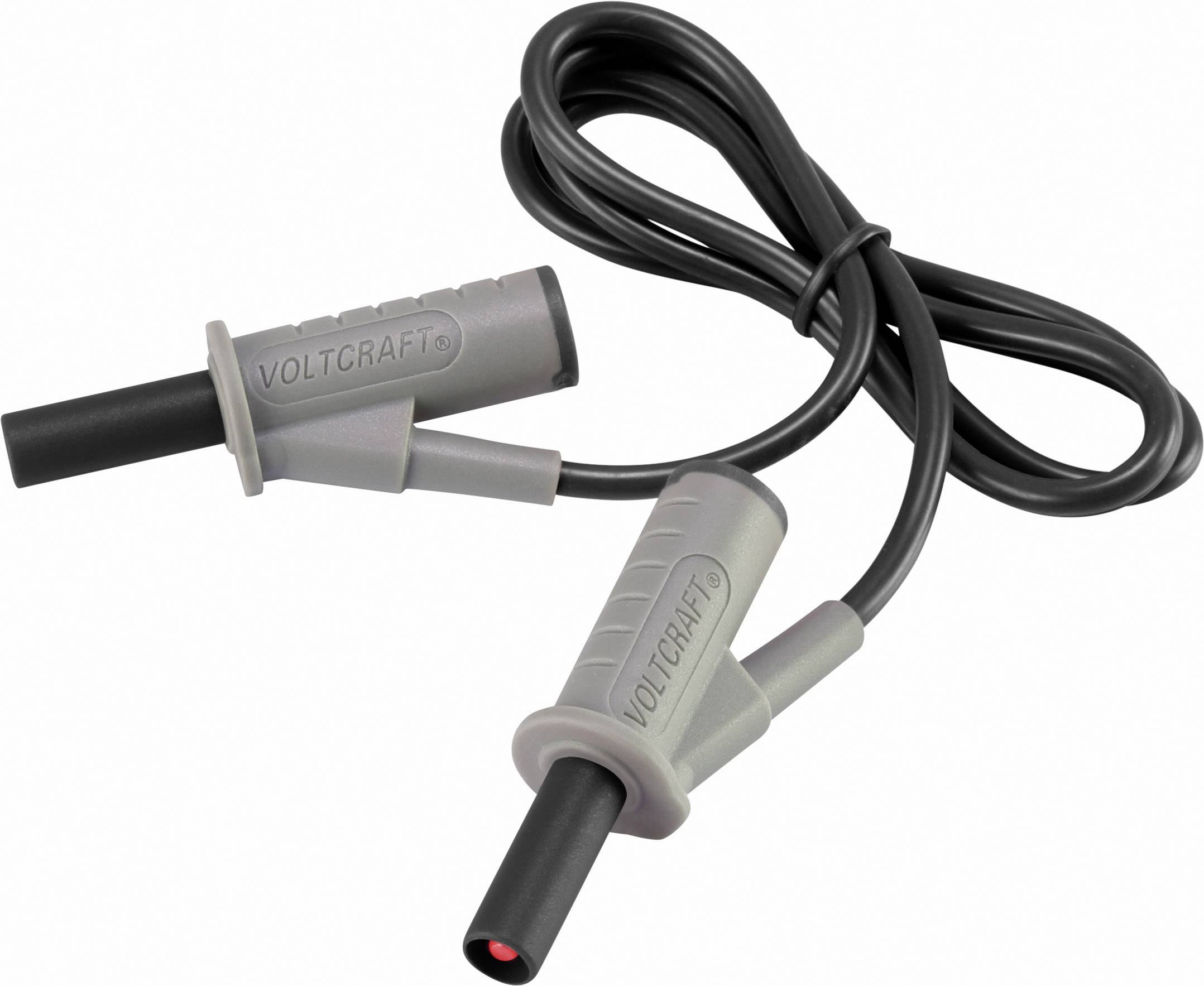 Šedý měřicí kabel se dvěma elektrickými konektory pro zkušební přístroje.