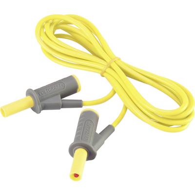 Žluté měřicí kabely se dvěma konektory, vhodné pro elektrická měření. Konektory jsou označeny značkou 'Voltcraft'.