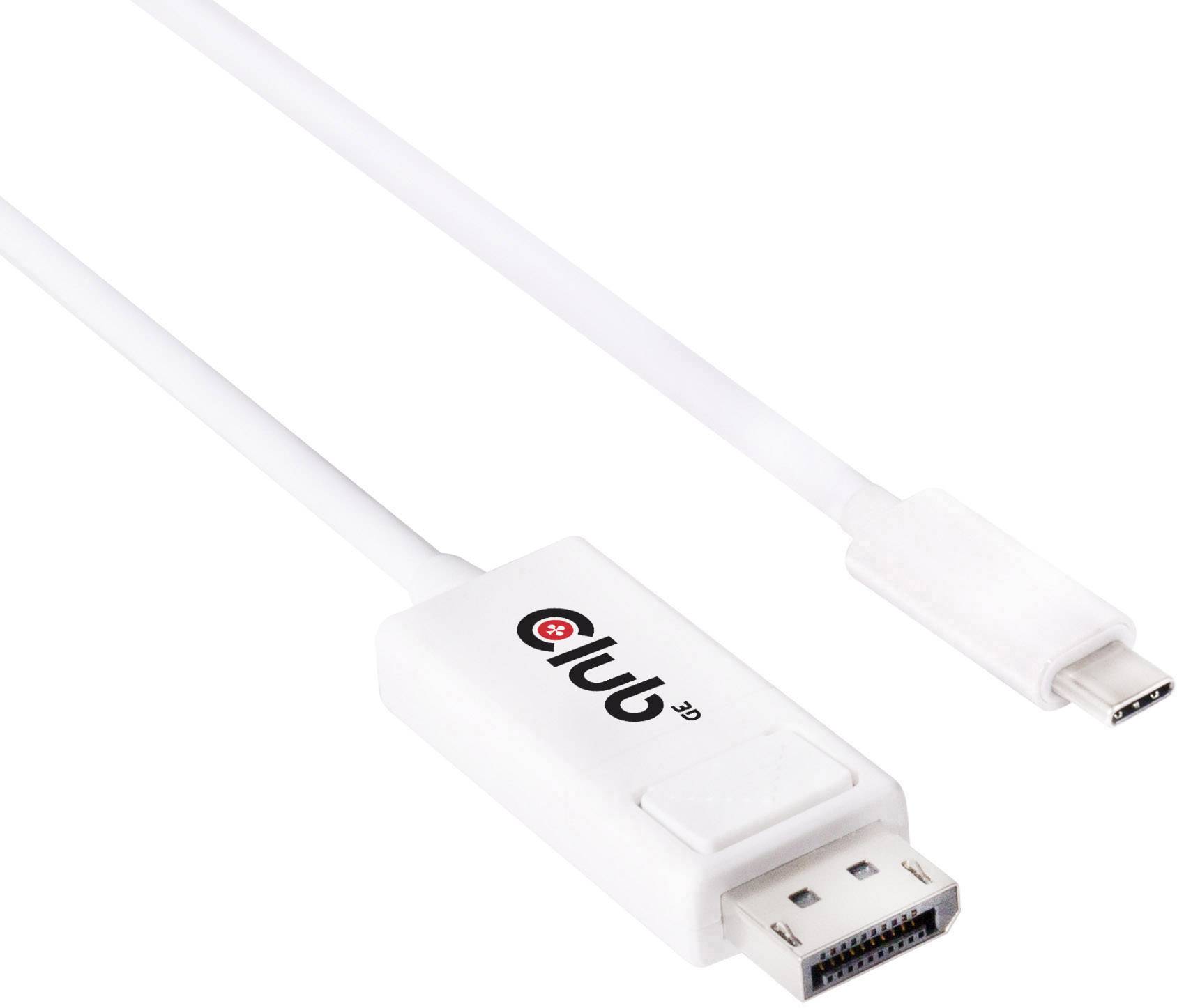 Bílý kabel s konektory DisplayPort a USB-C, vhodný pro připojení mezi počítačem a externími displeji.