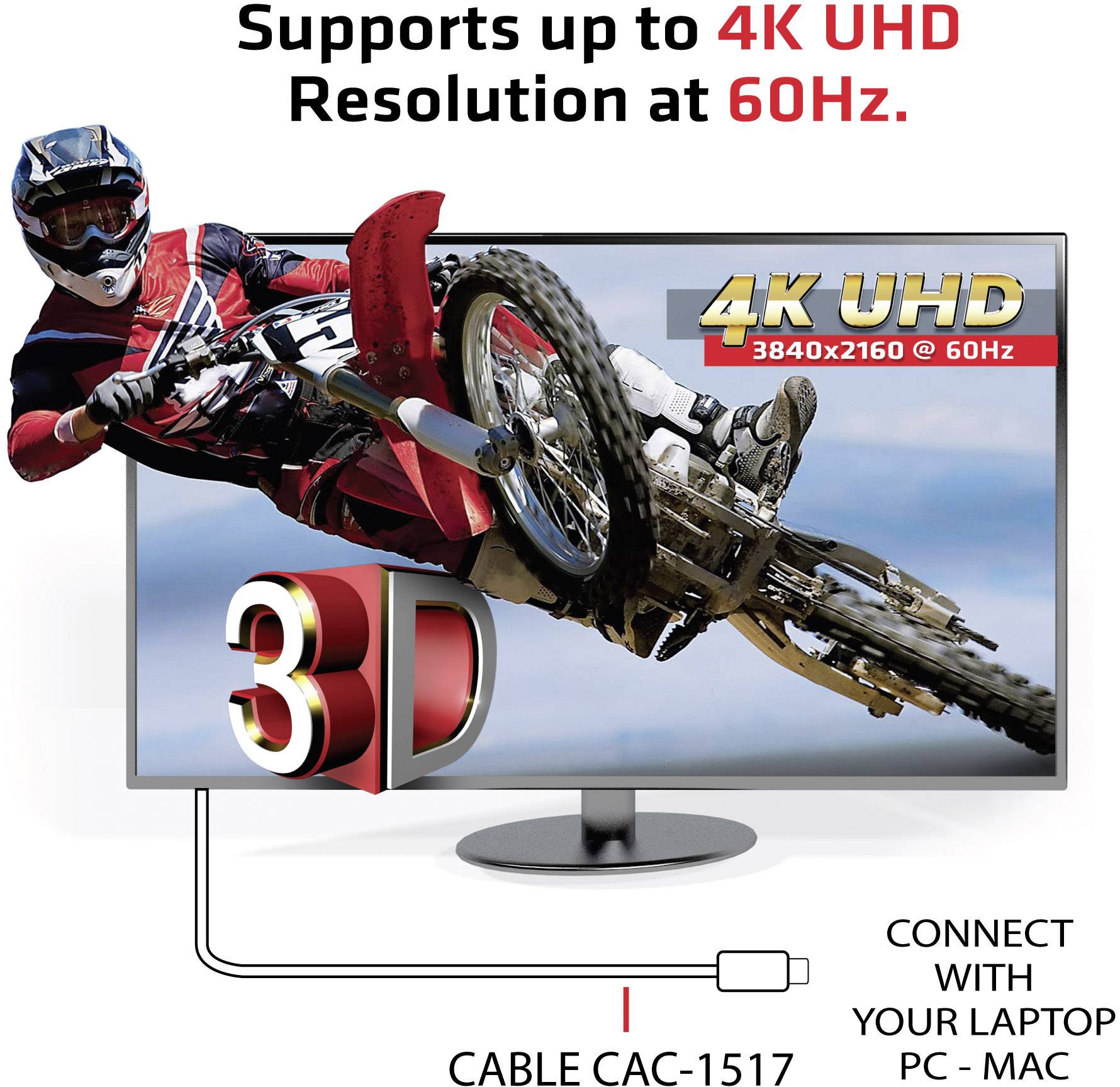 Motorkář skáče skrz 3D obrazovku, která zobrazuje obraz v rozlišení 4K UHD při 60 Hz. Text: 'Podporuje rozlišení až 4K UHD při 60 Hz.'