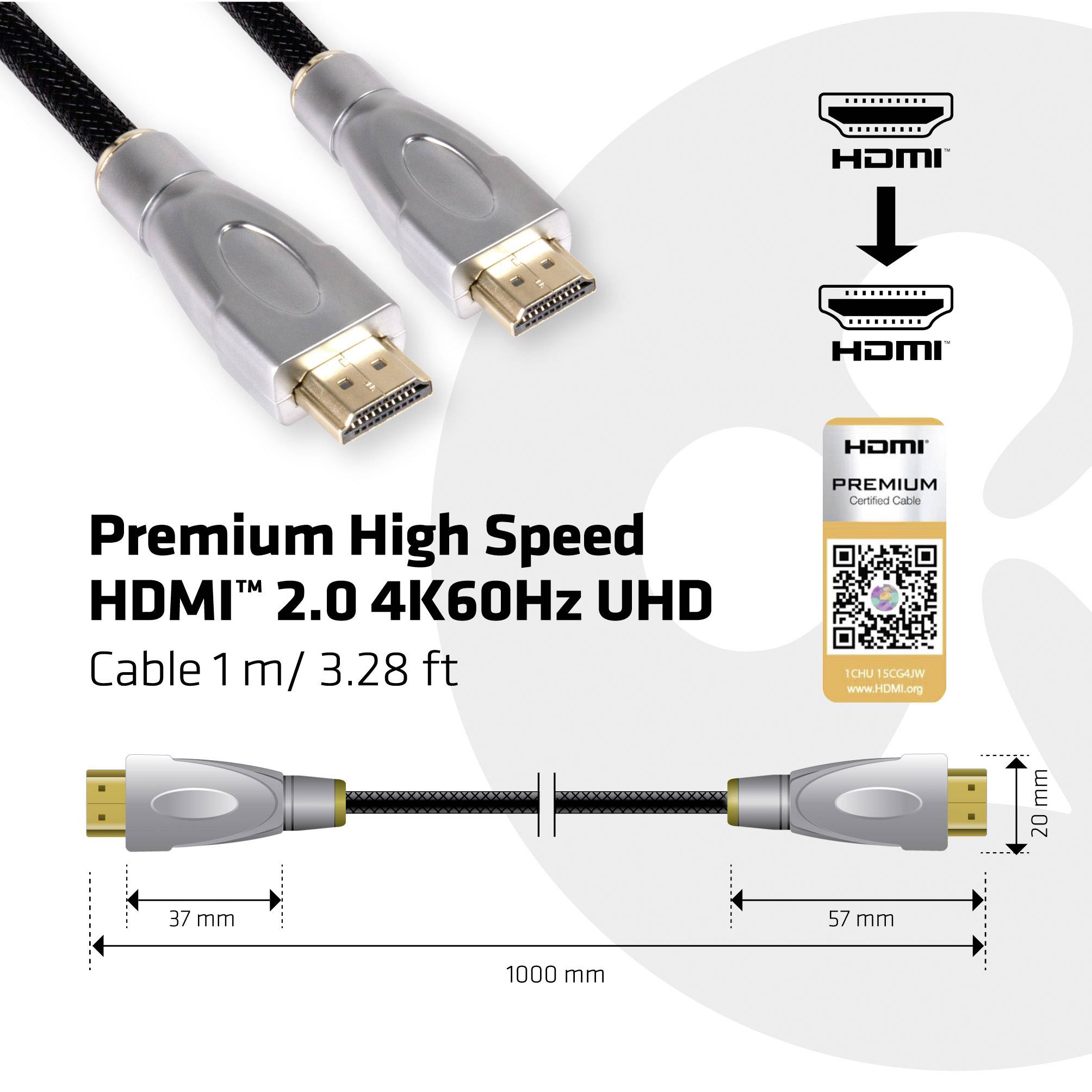 Prémiový vysokorychlostní HDMI 2.0 kabel, 1 m/3,28 ft, podporuje 4K 60Hz. Obrázek zobrazuje konektor s rozměry a logem.