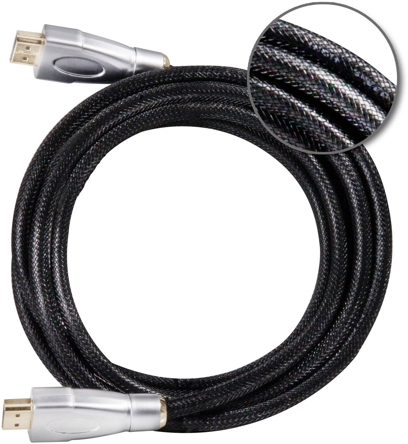 Černý HDMI kabel se stříbrnými konektory, opletený povrch pro vyšší odolnost.