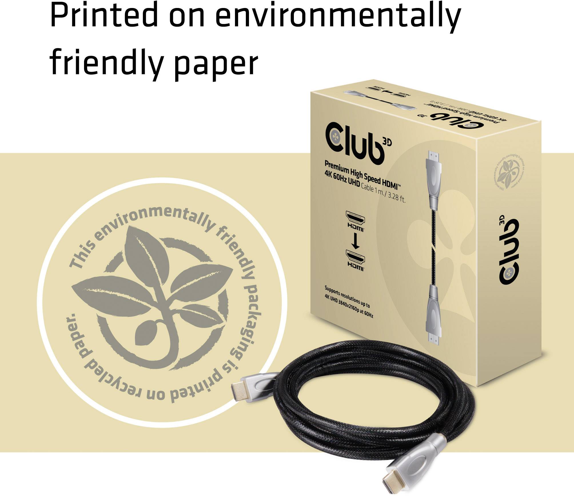 Obal HDMI kabelu s nápisem "Vytištěno na ekologickém papíře" a symbolem recyklace.