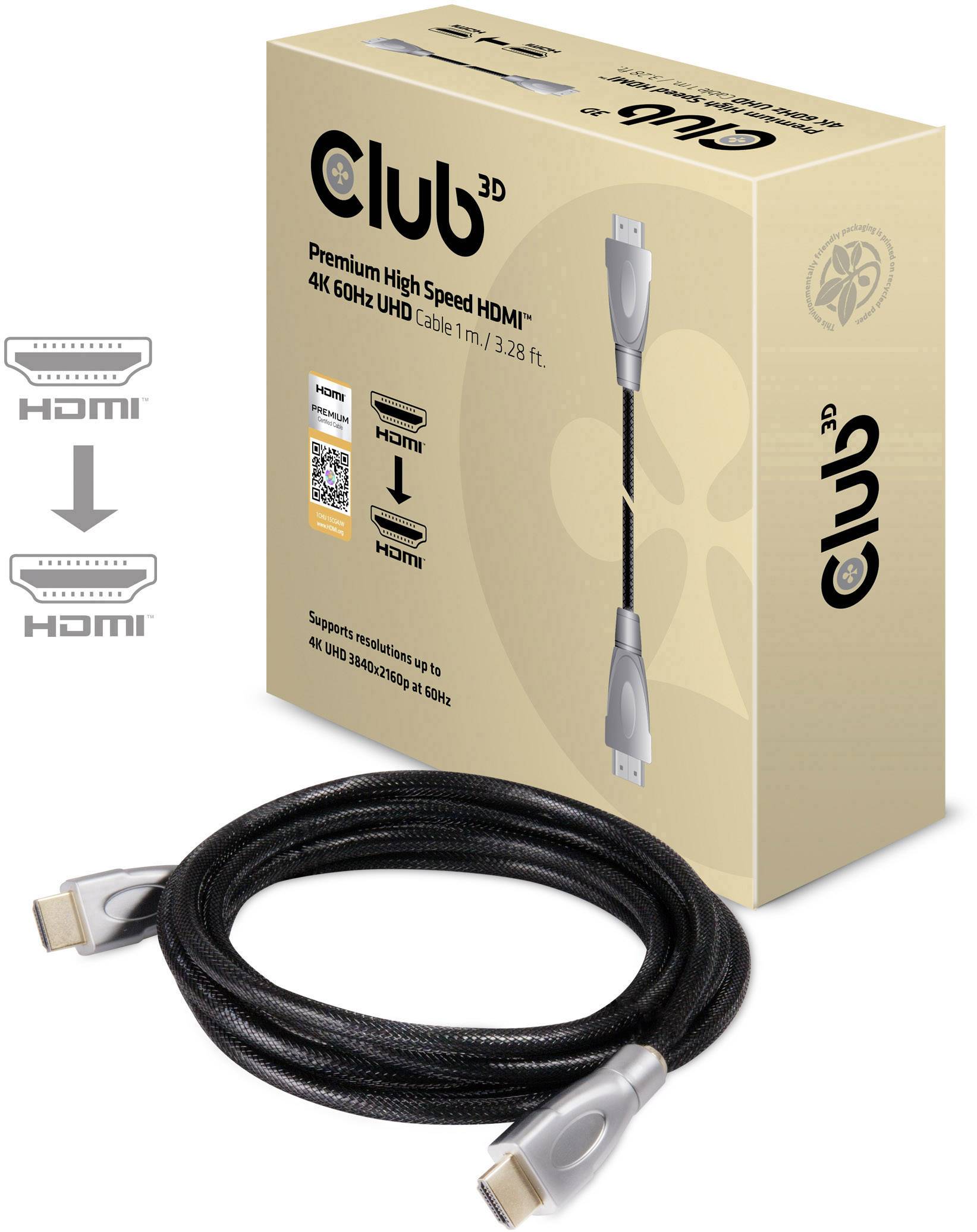 Sada HDMI kabelu, skládající se z HDMI kabelu a jeho příslušného obalu. Podporuje 4K 60Hz UHD, délka 1 m.