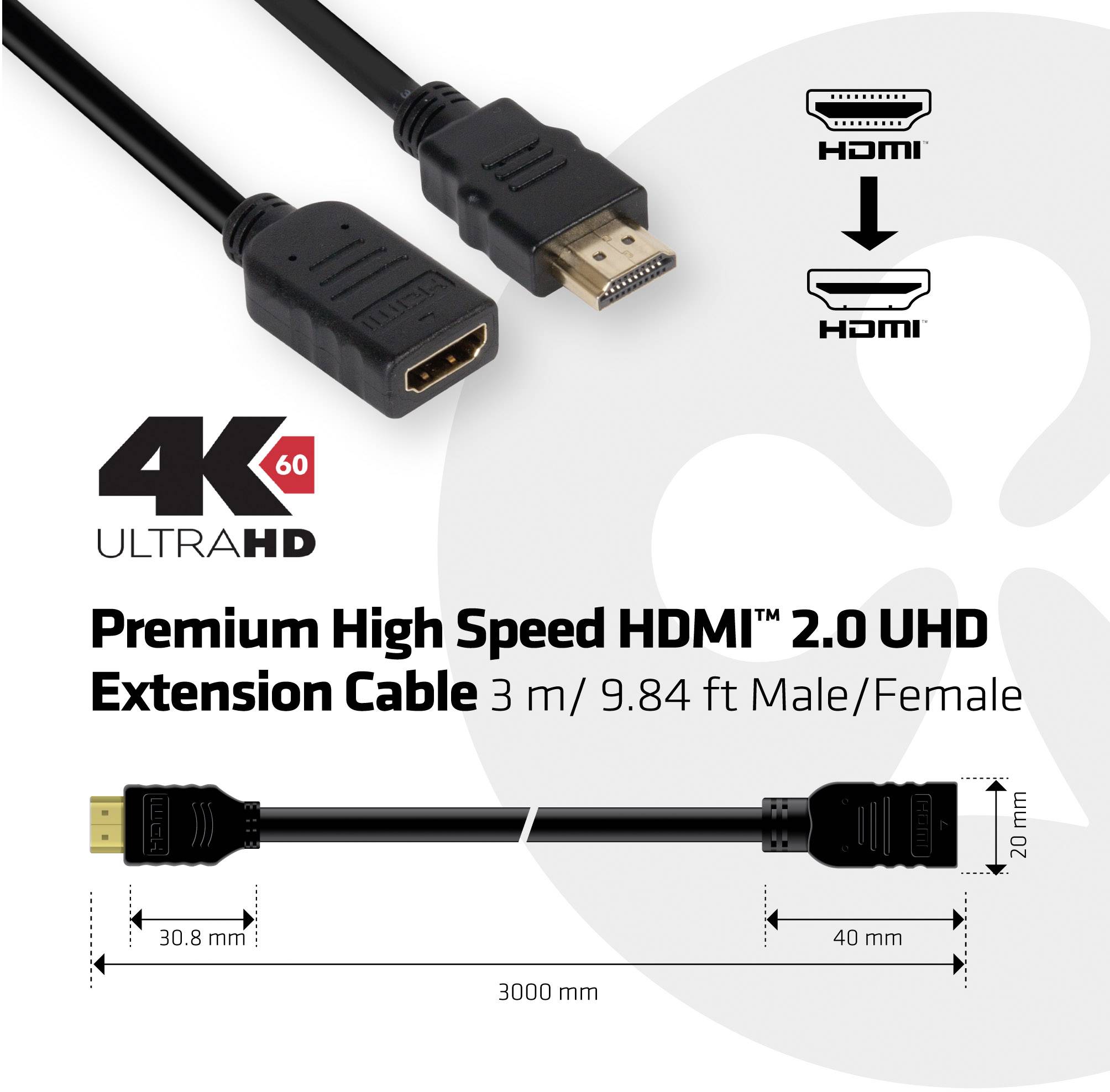 'Prémiový vysokorychlostní HDMI 2.0 prodlužovací kabel, délka 3 m, 4K60, samec/samice. Průměr kabelu 6 mm.'
