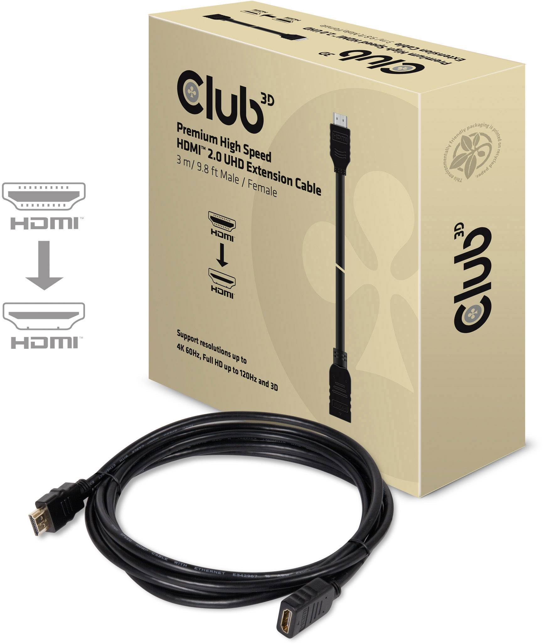 Prodlužovací kabel Club 3D HDMI 2.0, prémiový vysokorychlostní, 3 metry, rozlišení 4K, obrázek zobrazuje konektor a obal.