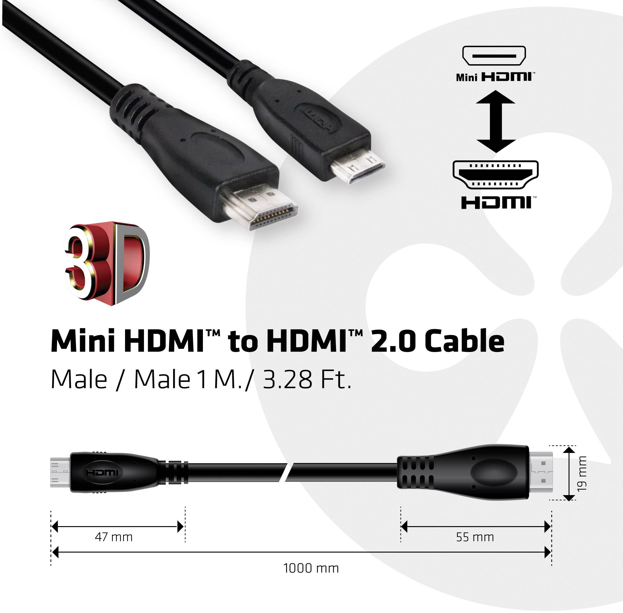 'Mini HDMI™ na HDMI™ 2.0 kabel, 1 metr (3,28 stop), samec/samec. Velikost konektoru: 47 mm x 10 mm, kabel: 1000 mm x 55 mm x 13 mm.'