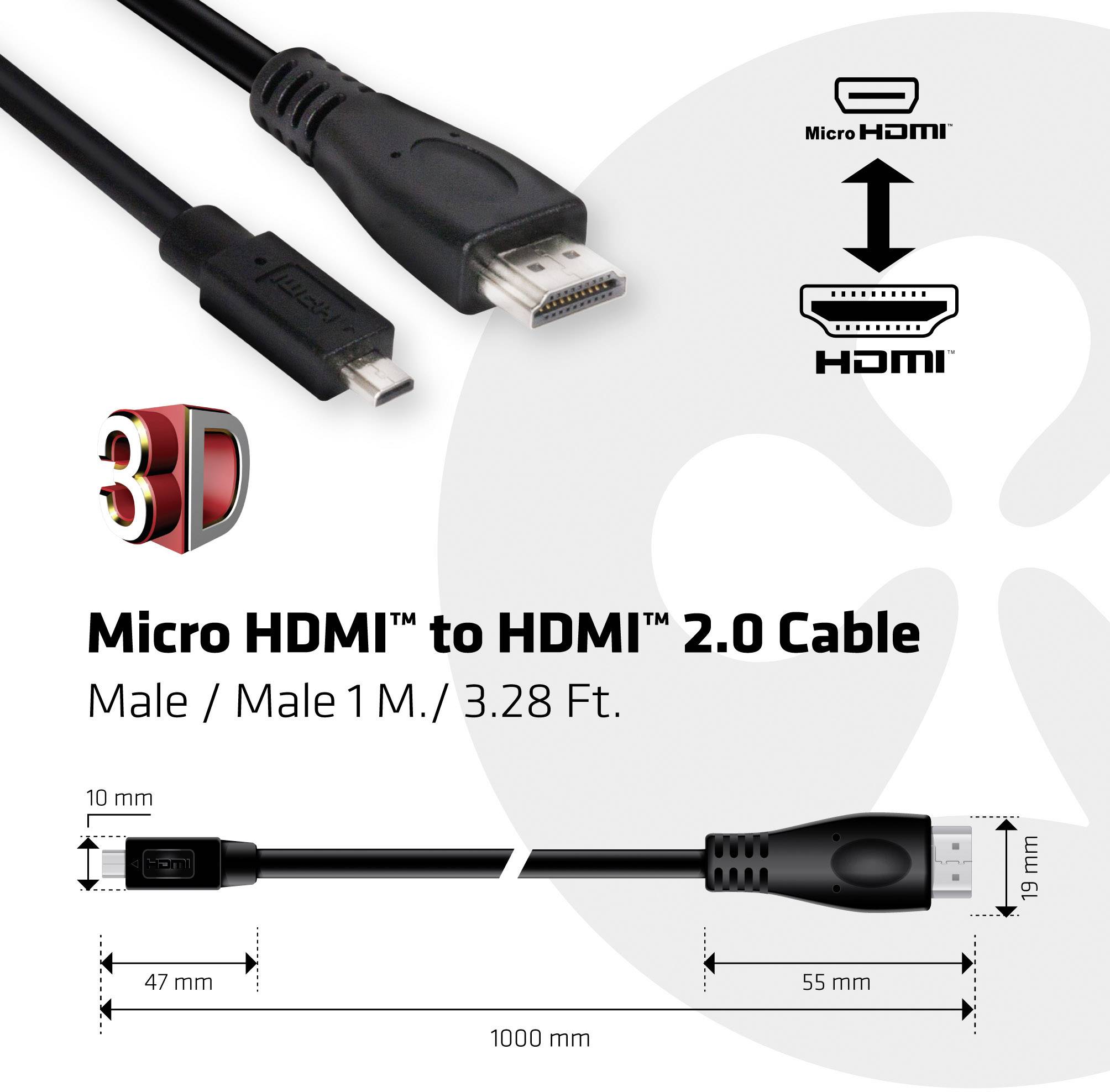 Mikro HDMI-to-HDMI 2.0 kabel, 1 metr. Zobrazuje design konektoru s rozměry. Obsahuje 3D logo a zobrazuje délku kabelu v centimetrech a palcích.