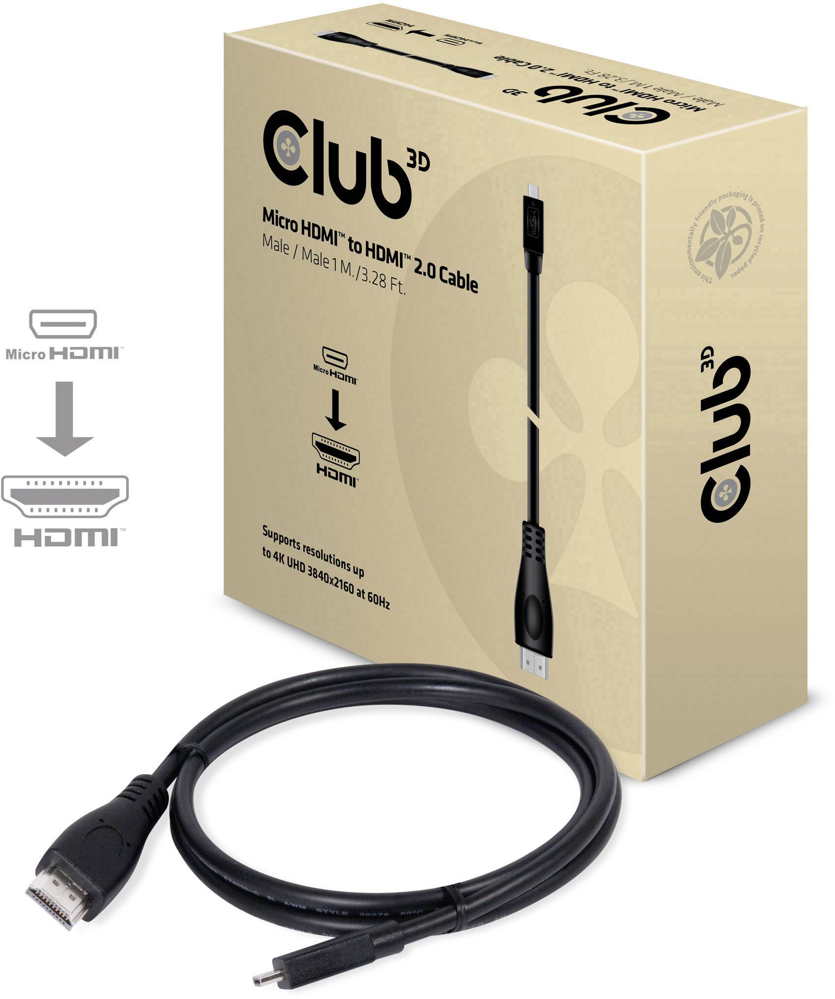 Mikro-HDMI na HDMI 2.0 kabel, 1 metr. Podporuje rozlišení až 4K 60Hz. Na obalu vyobrazena kabeláž a balení.