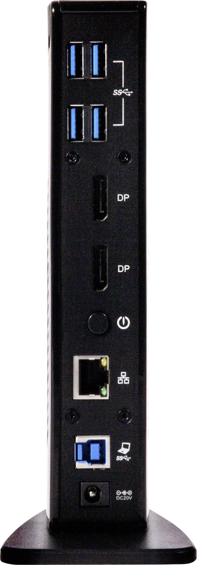 Vertikální dokovací stanice počítače s několika USB porty, DisplayPort konektory, ethernetovým rozhraním a síťovým vypínačem.