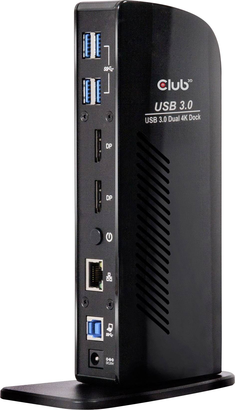 Černá dokovací stanice USB 3.0 s více porty, včetně USB, DP a Ethernetu, podporující duální 4K displej.