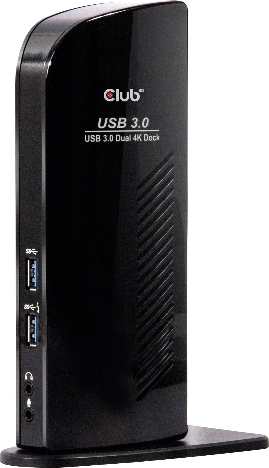 Černá dokovací stanice USB 3.0 pro duální 4K připojení s bočními porty pro USB a audio, umístěná vertikálně.