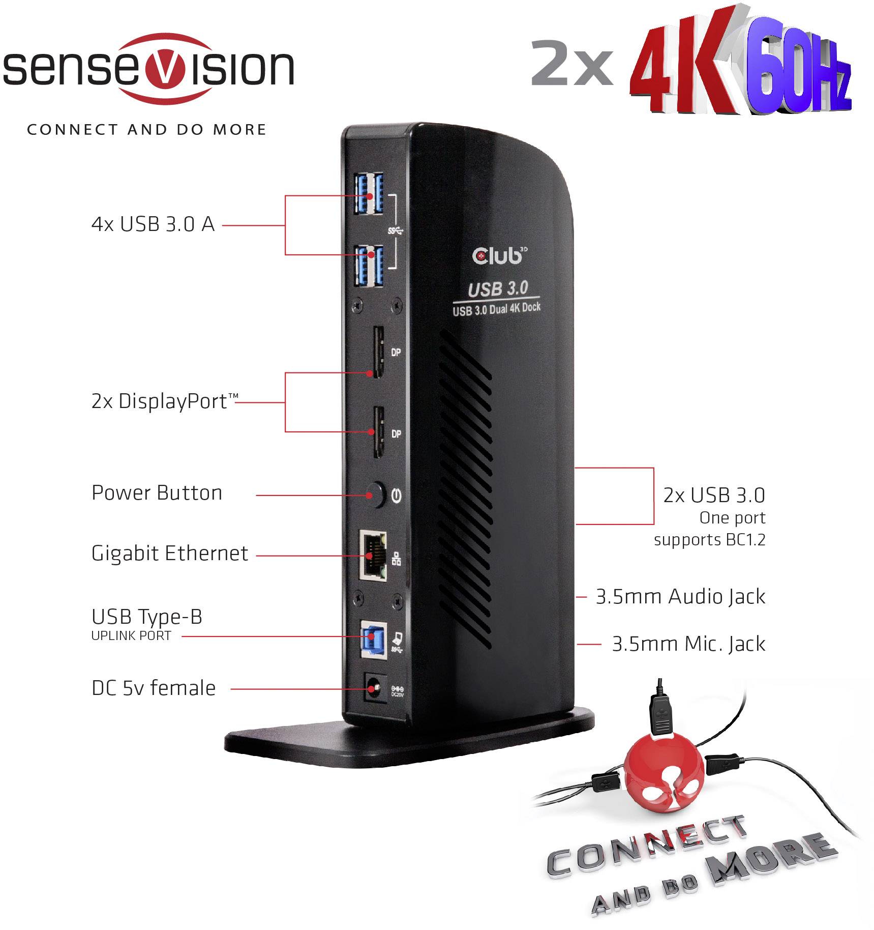 Černý USB 3.0 hub s různými porty: 4x USB 3.0, 2x DisplayPort, gigabitový Ethernet a audio vstupy. Text značky vlevo nahoře.