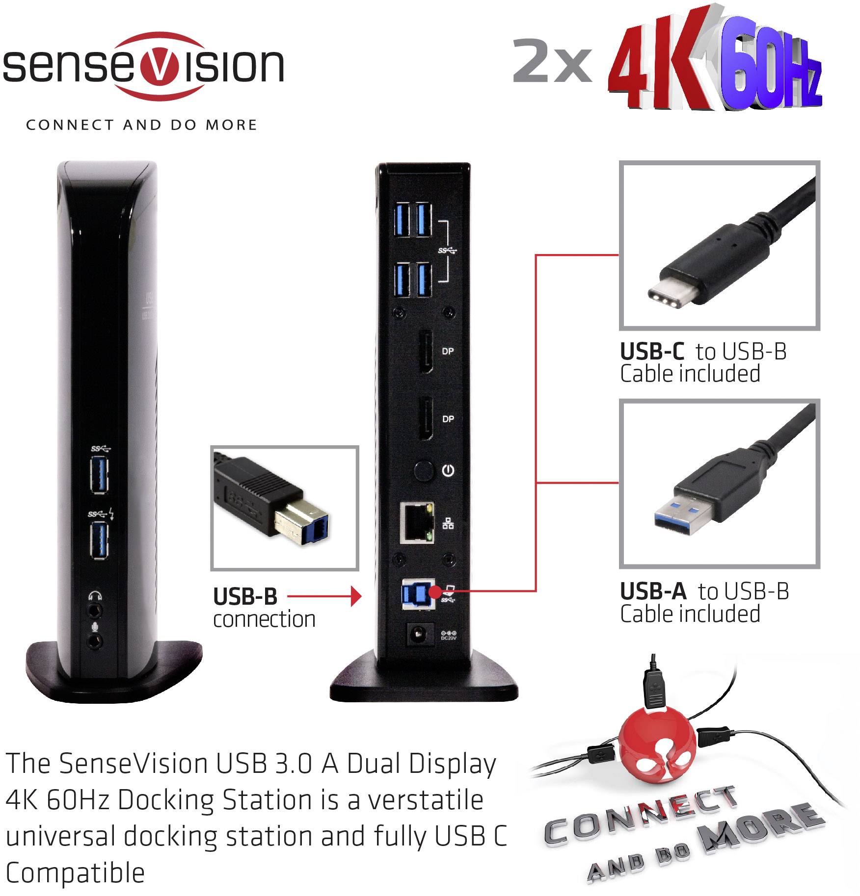 Dokovací stanice s USB 3.0 pro dva monitory, podporující 4K 60Hz. Konektory: USB-C, USB-A, Ethernet. Kompatibilní s různými zařízeními.