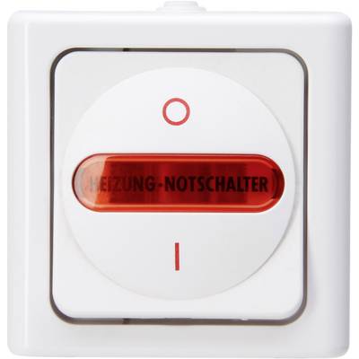 Čtvercový nouzový spínač topení s červeným spínačem a nápisem 'NOUZOVÝ SPÍNAČ TOPENÍ' na bílém pozadí.