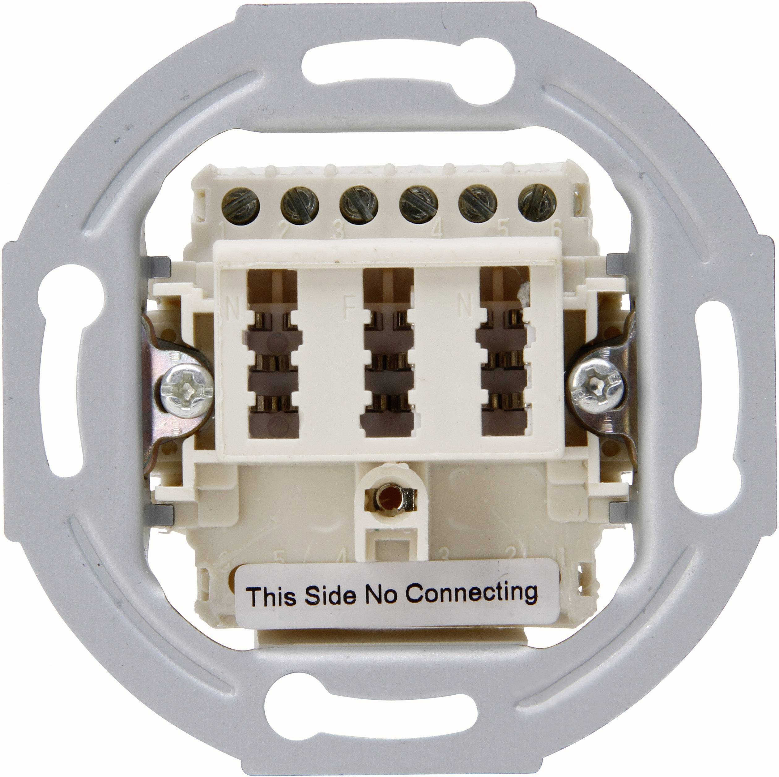 Elektrotechnická svorkovnice se čtyřmi svorkami pro vodiče, označená 'N', 'L' a charakteristickým nápisem 'This Side No Connecting'.