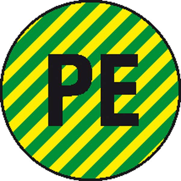 Symbol „PE" na žluto-zeleně pruhovaném pozadí, který se často používá k označení elektrostaticky citlivých oblastí nebo zařízení.