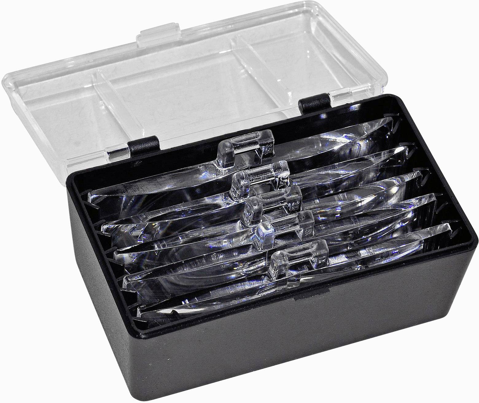 Průhledné, vrstvené peněženky v otevřené černé krabici s průhledným víkem.