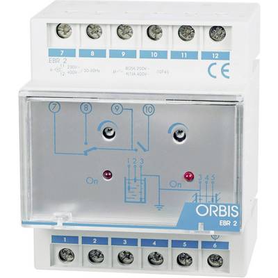 Elektrické zařízení s elektrickým schématem a LED indikátory na přední straně. Nahoře svorkovnice, dole logo 'ORBIS EBR 2'.