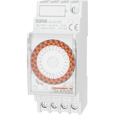 Mechanický spínací časovač s oranžovým otočným kolečkem a časovou stupnicí. Nápis 'suevia DinO RD', vhodný pro 230V, 50-60Hz.