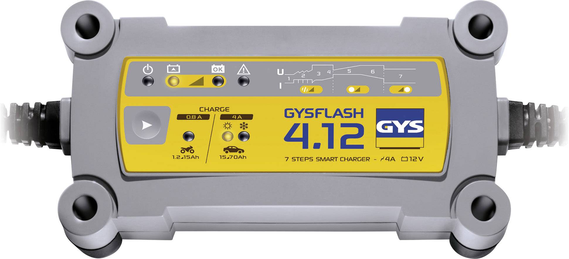 Šedo-žlutá nabíječka baterií 'GYSFLASH 4.12 GYS' se sedmi nabíjecími módy, LED indikátory a připojovacími kabely pro 12V autobaterie.