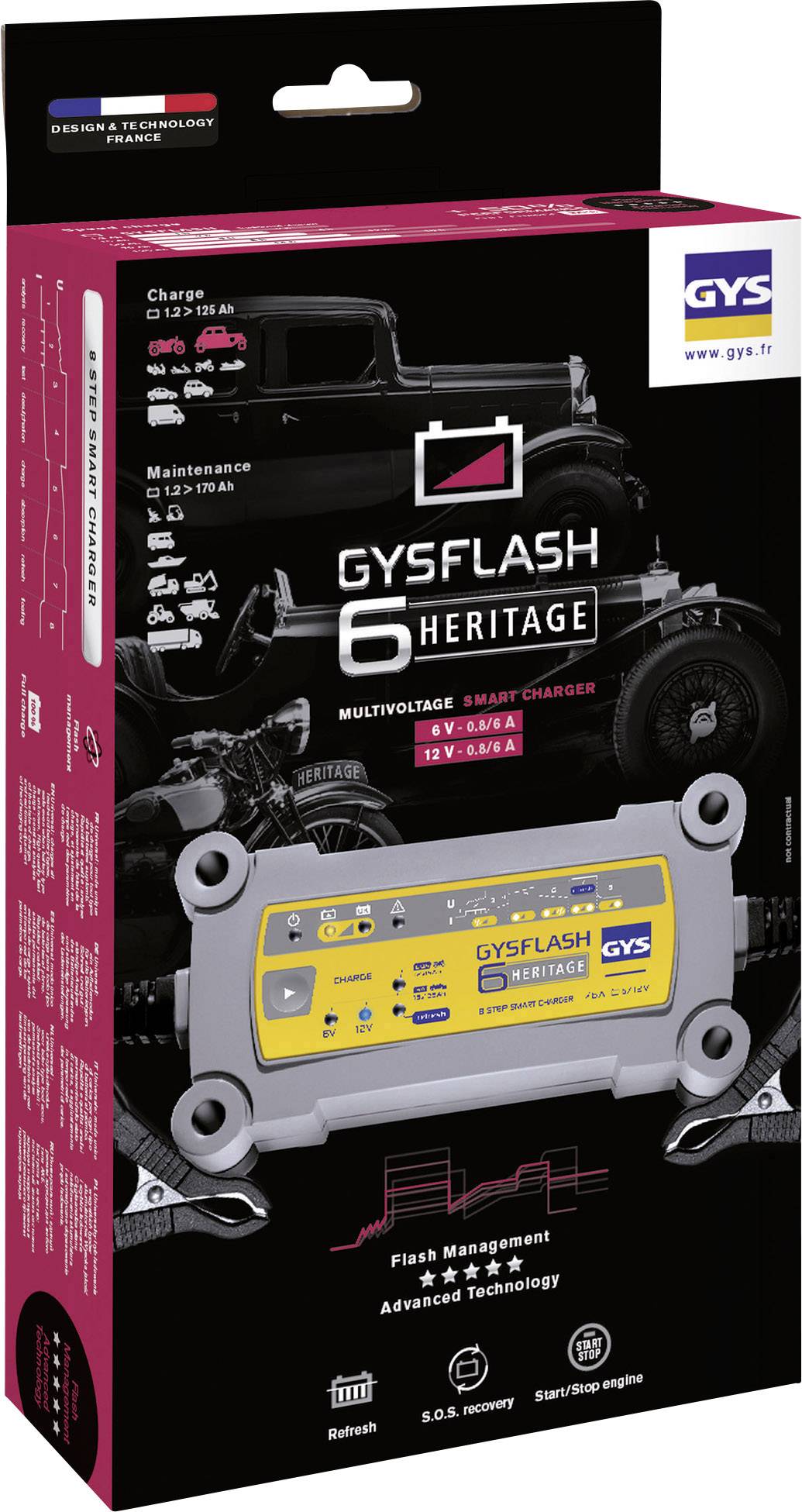 Obal nabíječky GYSFLASH 6 Heritage Multicharger. Prezentuje nabíjecí zařízení, technické specifikace a poukazuje na pokročilou technologii a kompatibilitu s veterány.