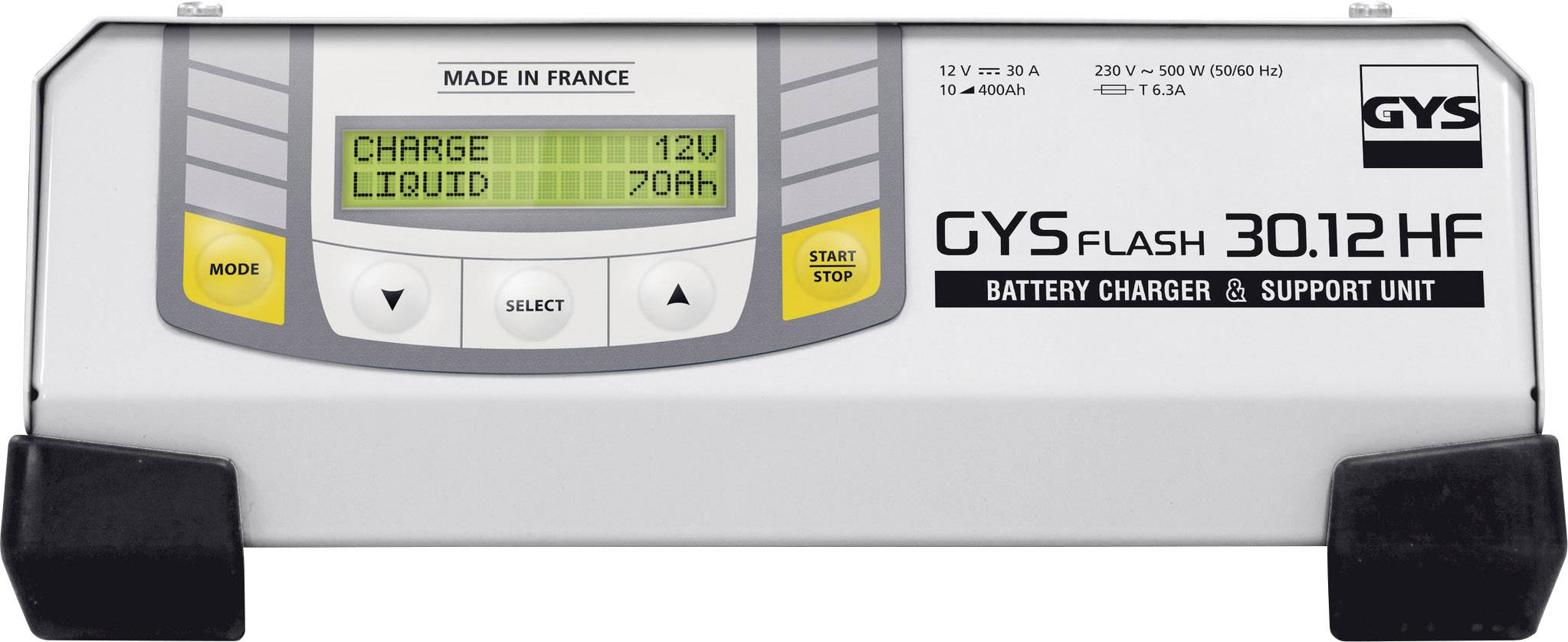 Obrázek zobrazuje nabíječku baterií GYS Flash 30.12 HF. Displej ukazuje 'Charge' při 12V a 'Liquid' při 70Ah.