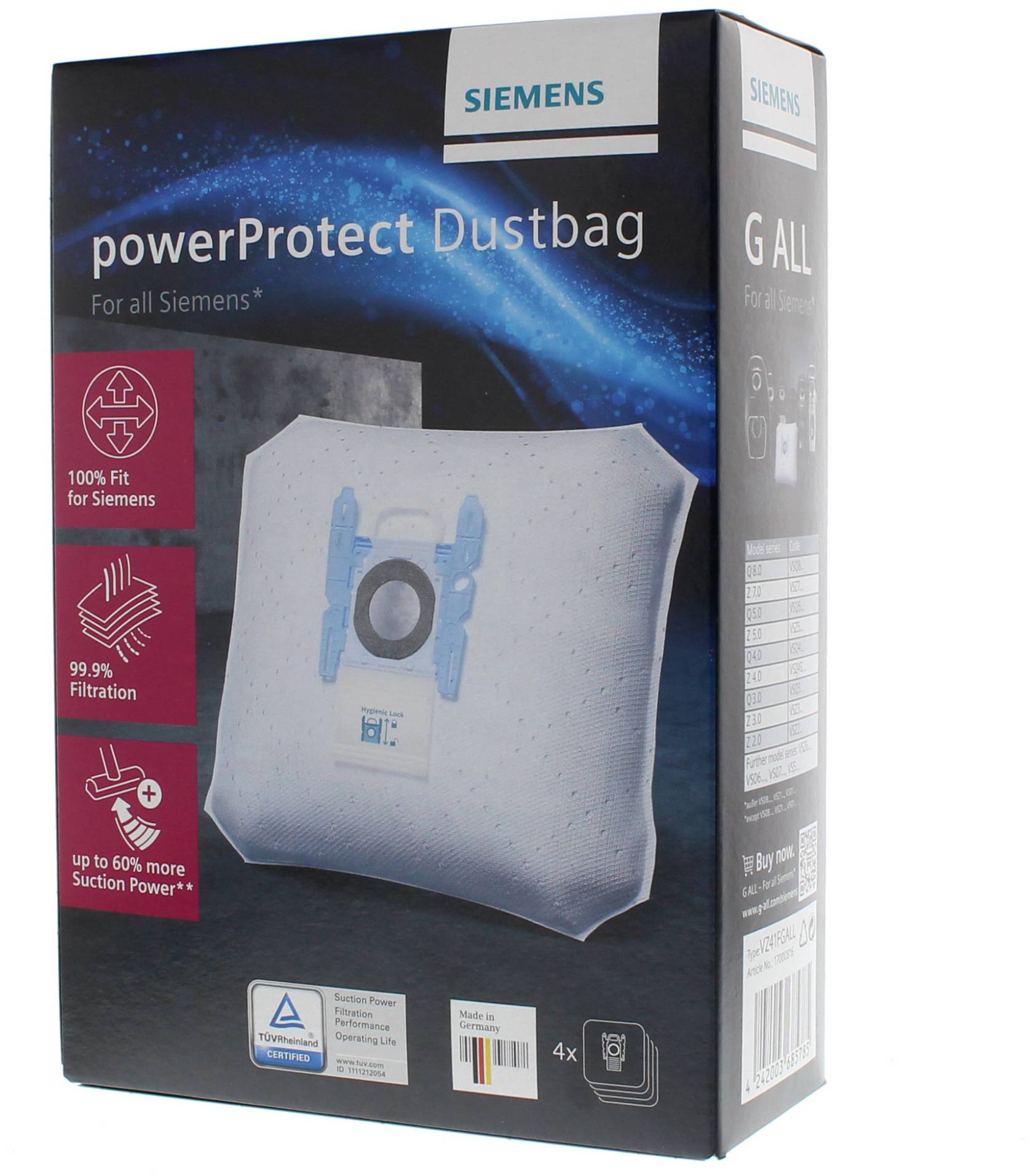 Sáček do vysavače Siemens s obrázkem sáčku. Nápis: 'powerProtect Dustbag', vhodný pro Siemens.