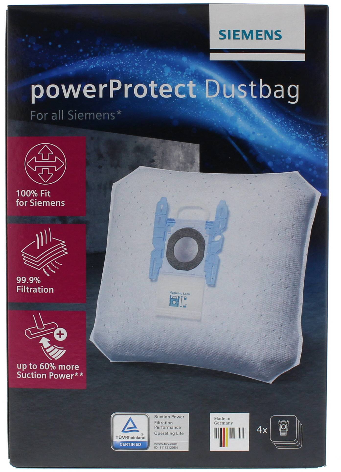 Obal sáčku do vysavače s logem Siemens. Text: 'powerProtect Sáček na prach', '100% kompatibilní se Siemens', '99,9% filtrace'.