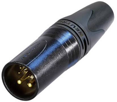 Černý XLR konektor se třemi zlatými kolíky. Používá se pro vysoce kvalitní audio připojení.